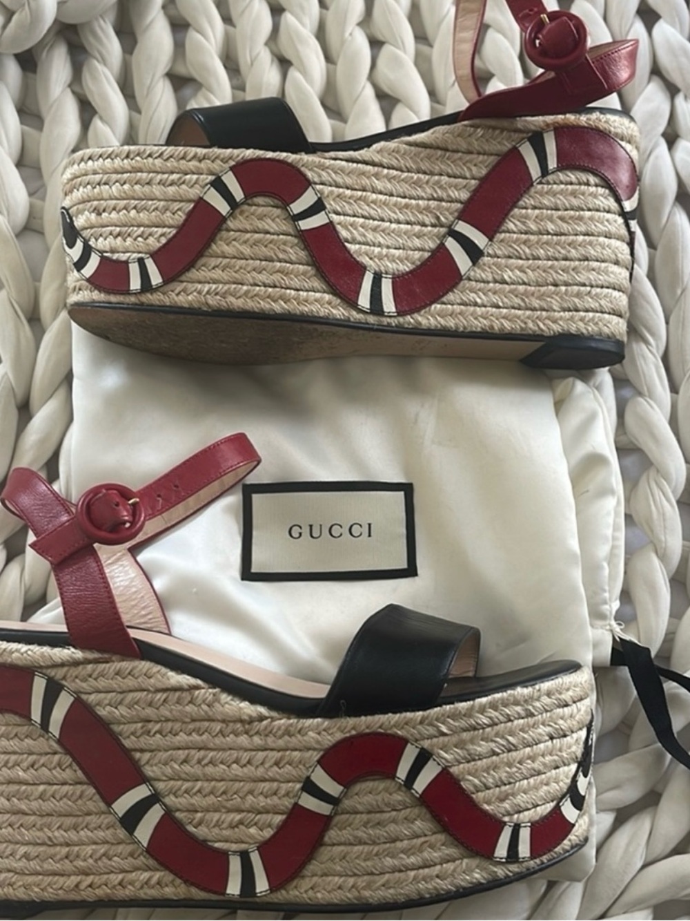 Gucci Red, Black and Natural Woven Platform Espadrilles “RARE” snake 🐍